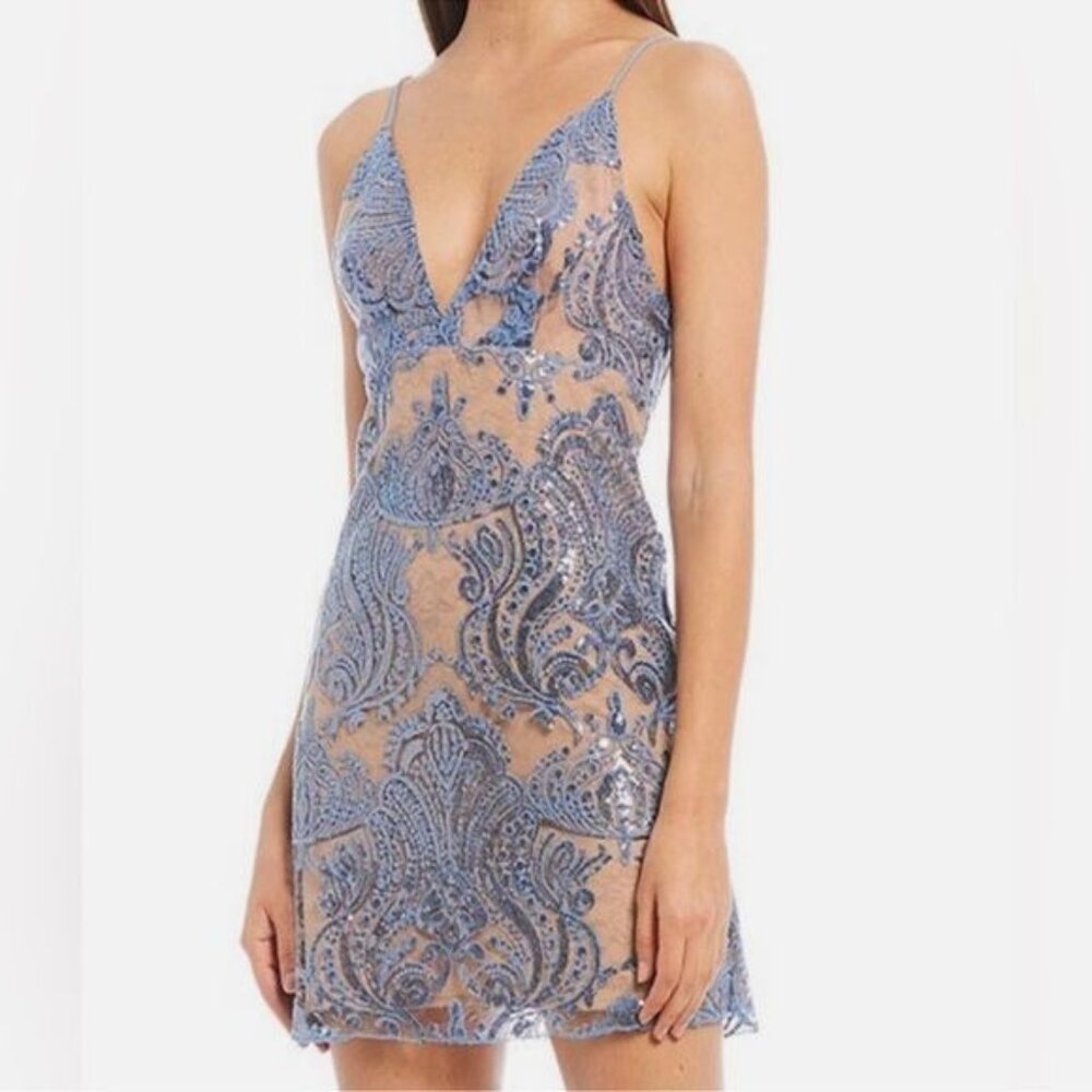 Free People NWT Blue Nude Sequined Paisley Lace Slip Dress Sz 0 Party Event